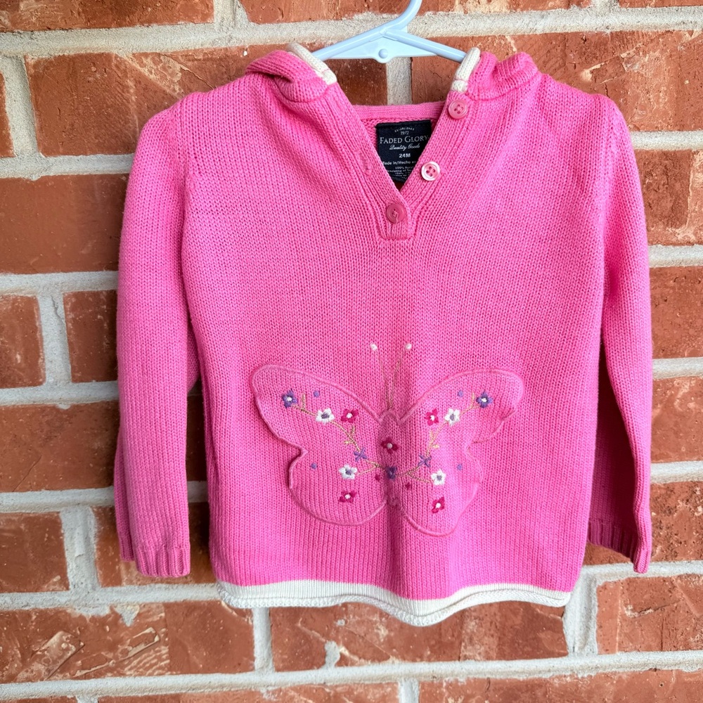 Faded Glory Bright Pink Hooded Knit Top with Button Placket